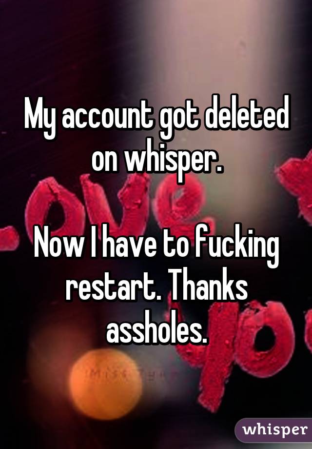 My account got deleted on whisper.

Now I have to fucking restart. Thanks assholes.