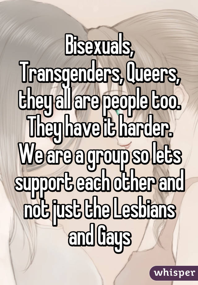 Bisexuals, Transgenders, Queers, they all are people too. They have it harder. We are a group so lets support each other and not just the Lesbians and Gays