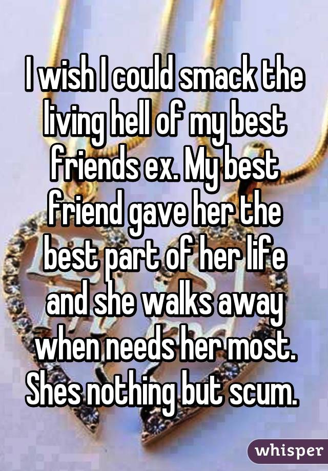 I wish I could smack the living hell of my best friends ex. My best friend gave her the best part of her life and she walks away when needs her most. Shes nothing but scum. 