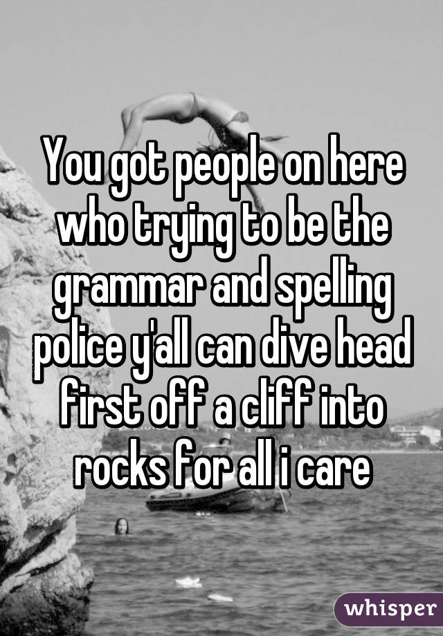 You got people on here who trying to be the grammar and spelling police y'all can dive head first off a cliff into rocks for all i care