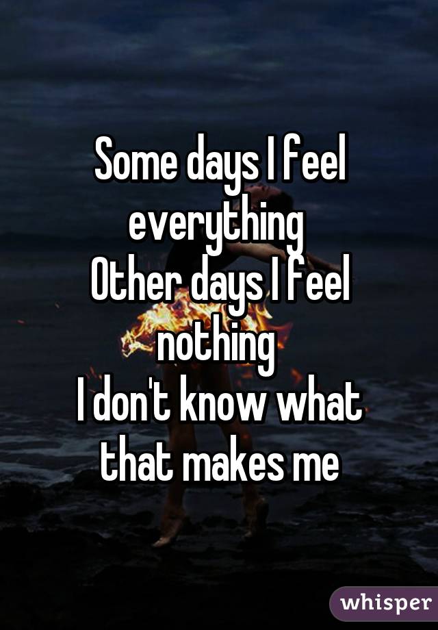 Some days I feel everything 
Other days I feel nothing 
I don't know what that makes me