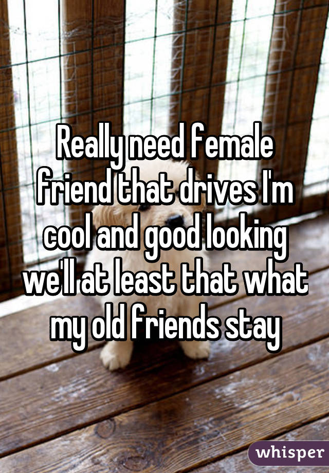 Really need female friend that drives I'm cool and good looking we'll at least that what my old friends stay