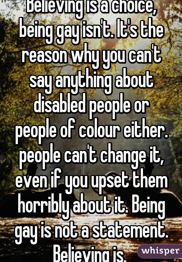 Believing is a choice, being gay isn't. It's the reason why you can't say anything about disabled people or people of colour either. people can't change it, even if you upset them horribly about it. Being gay is not a statement. Believing is. 