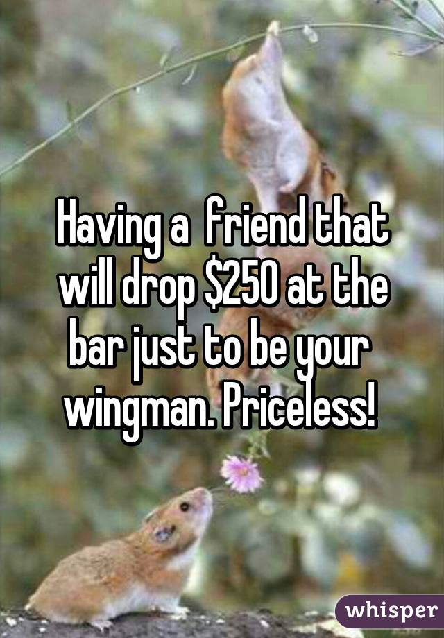 Having a  friend that will drop $250 at the bar just to be your  wingman. Priceless! 