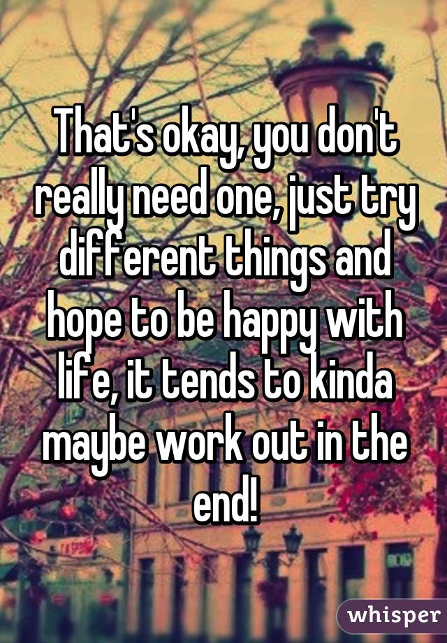 That's okay, you don't really need one, just try different things and hope to be happy with life, it tends to kinda maybe work out in the end!