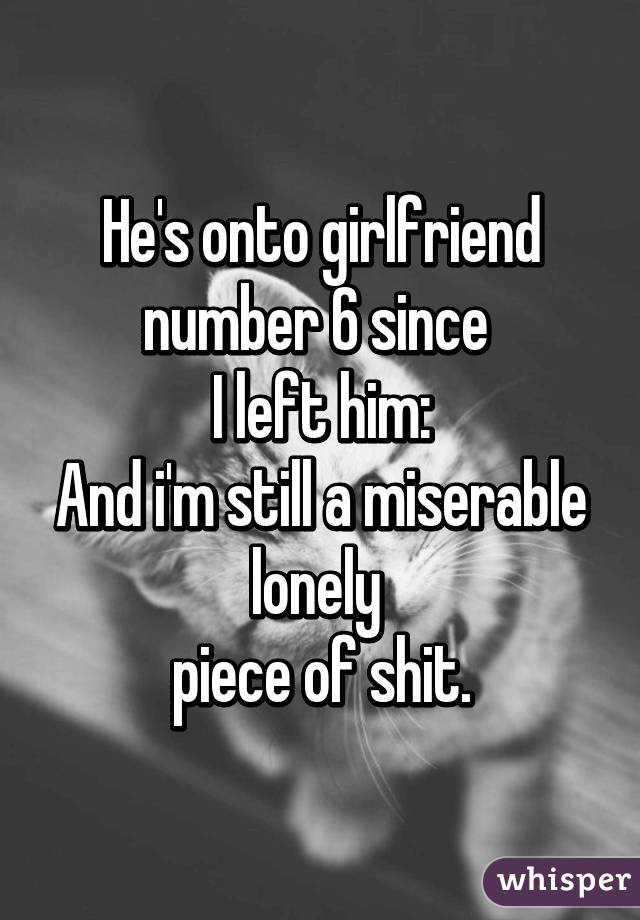 He's onto girlfriend number 6 since 
I left him:
And i'm still a miserable lonely 
piece of shit.