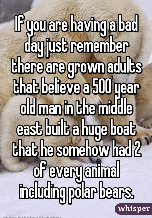 If you are having a bad day just remember there are grown adults that believe a 500 year old man in the middle east built a huge boat that he somehow had 2 of every animal including polar bears.