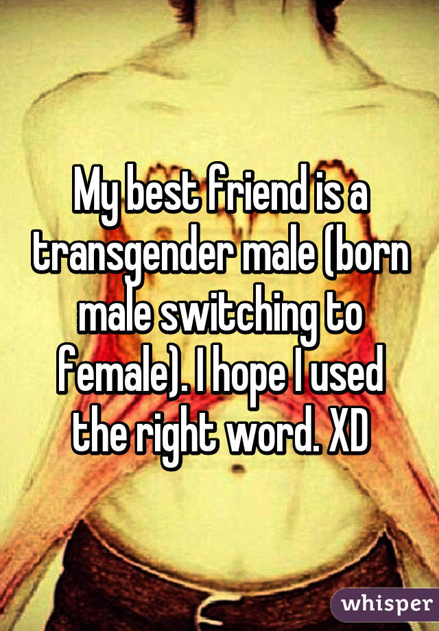 My best friend is a transgender male (born male switching to female). I hope I used the right word. XD