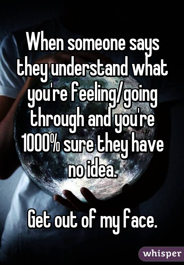 When someone says they understand what you're feeling/going through and you're 1000% sure they have no idea.
 
Get out of my face.