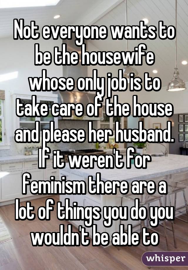 Not everyone wants to be the housewife whose only job is to take care of the house and please her husband. If it weren't for feminism there are a lot of things you do you wouldn't be able to