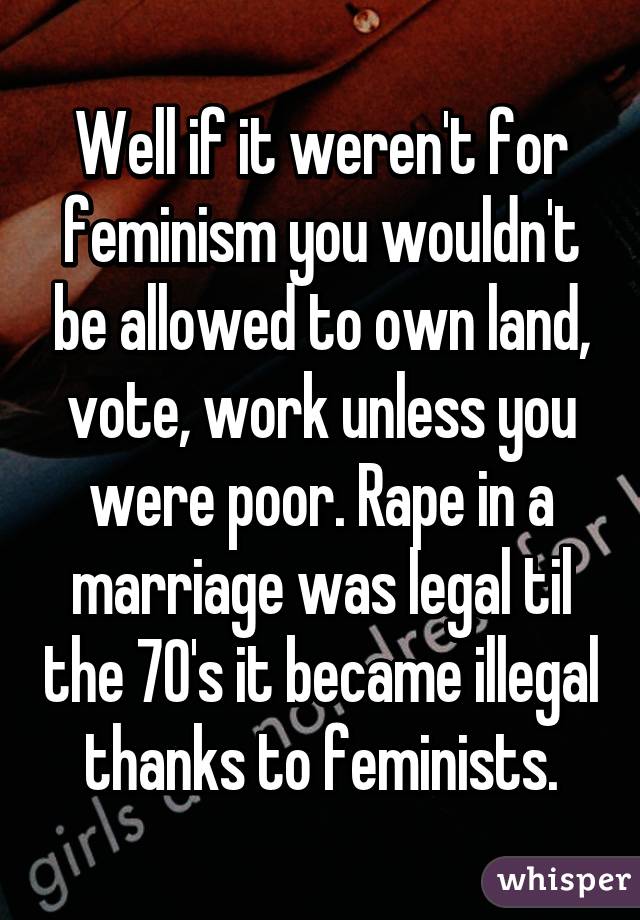 Well if it weren't for feminism you wouldn't be allowed to own land, vote, work unless you were poor. Rape in a marriage was legal til the 70's it became illegal thanks to feminists.