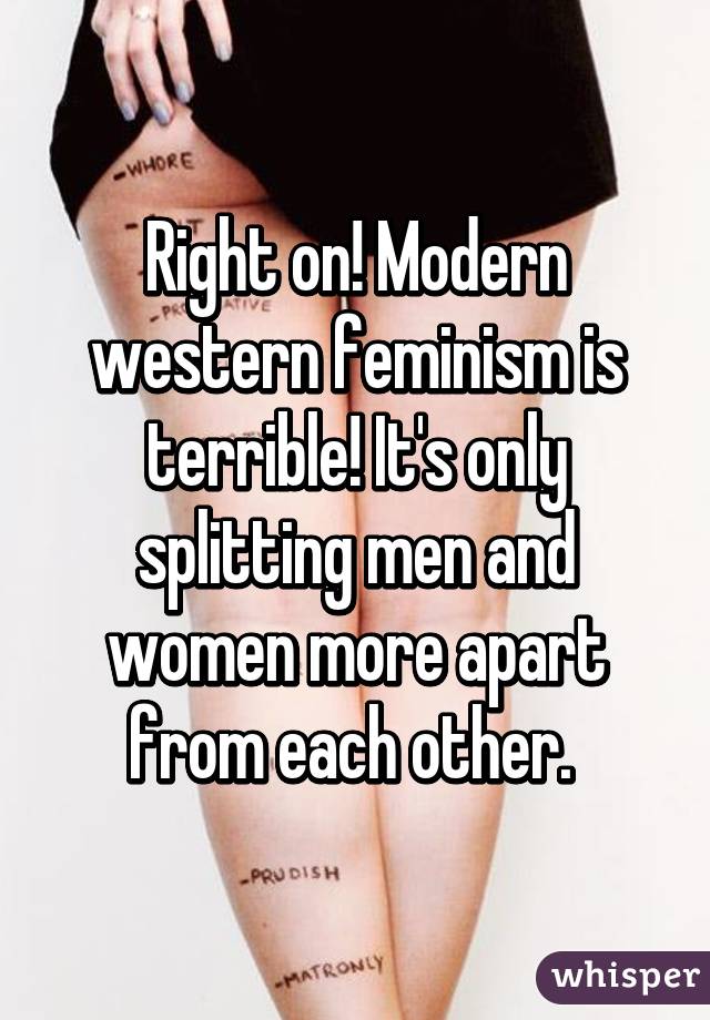 Right on! Modern western feminism is terrible! It's only splitting men and women more apart from each other. 