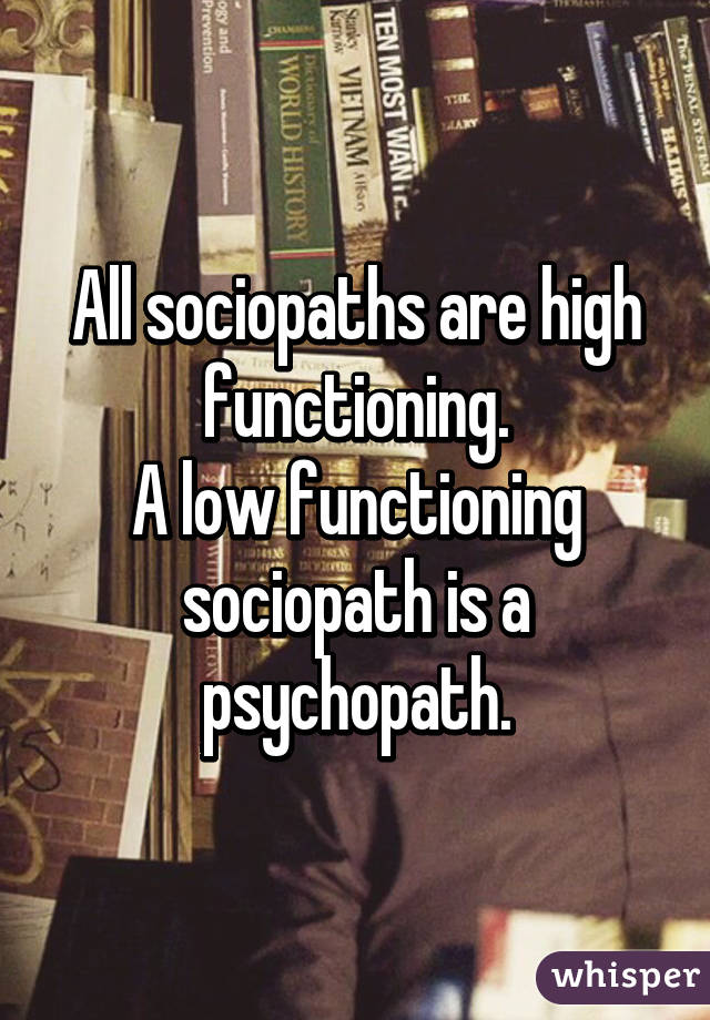 All sociopaths are high functioning.
A low functioning sociopath is a psychopath.