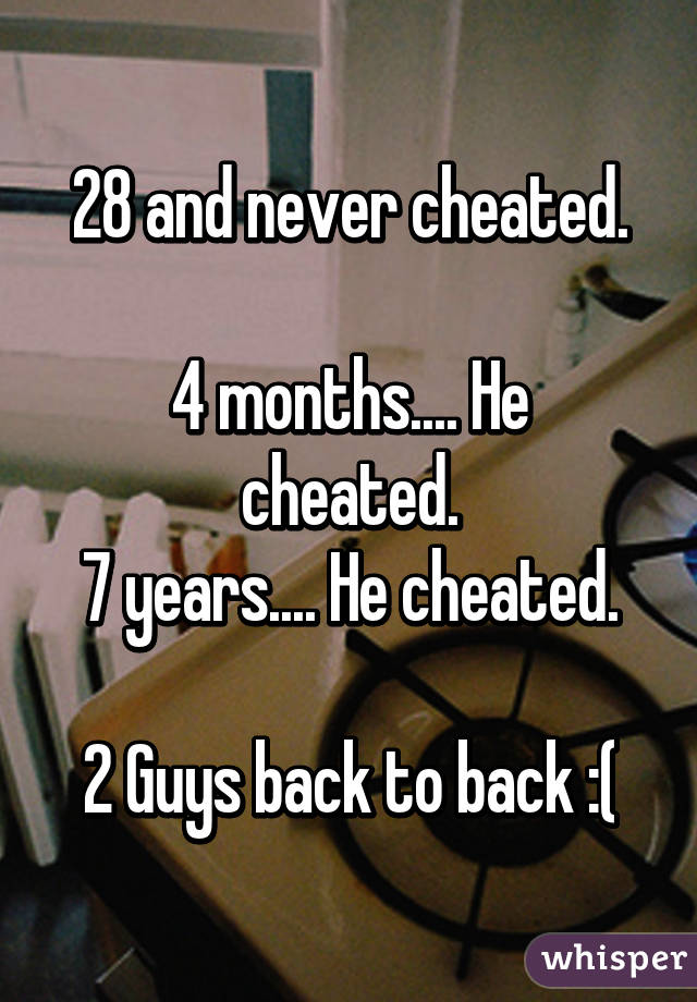 28 and never cheated.

4 months.... He cheated.
7 years.... He cheated.

2 Guys back to back :(