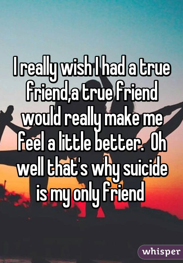 I really wish I had a true friend,a true friend would really make me feel a little better.  Oh well that's why suicide is my only friend 