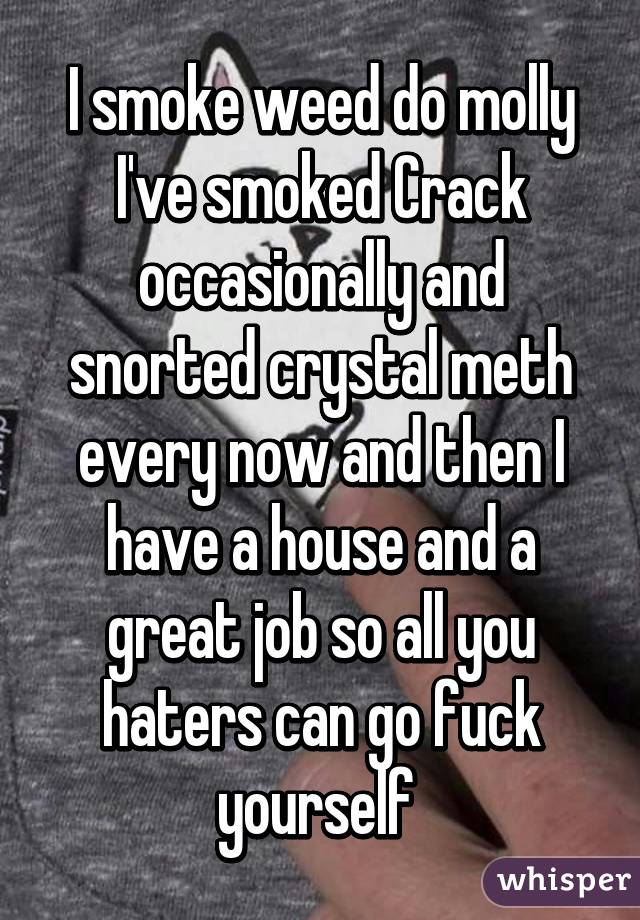 I smoke weed do molly I've smoked Crack occasionally and snorted crystal meth every now and then I have a house and a great job so all you haters can go fuck yourself 