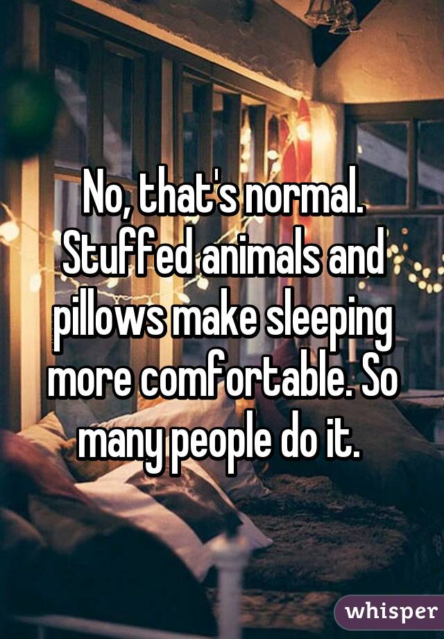 No, that's normal. Stuffed animals and pillows make sleeping more comfortable. So many people do it. 
