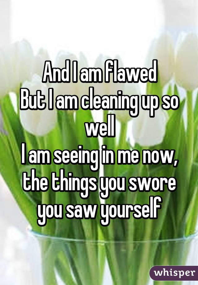 And I am flawed
But I am cleaning up so well
I am seeing in me now, the things you swore you saw yourself