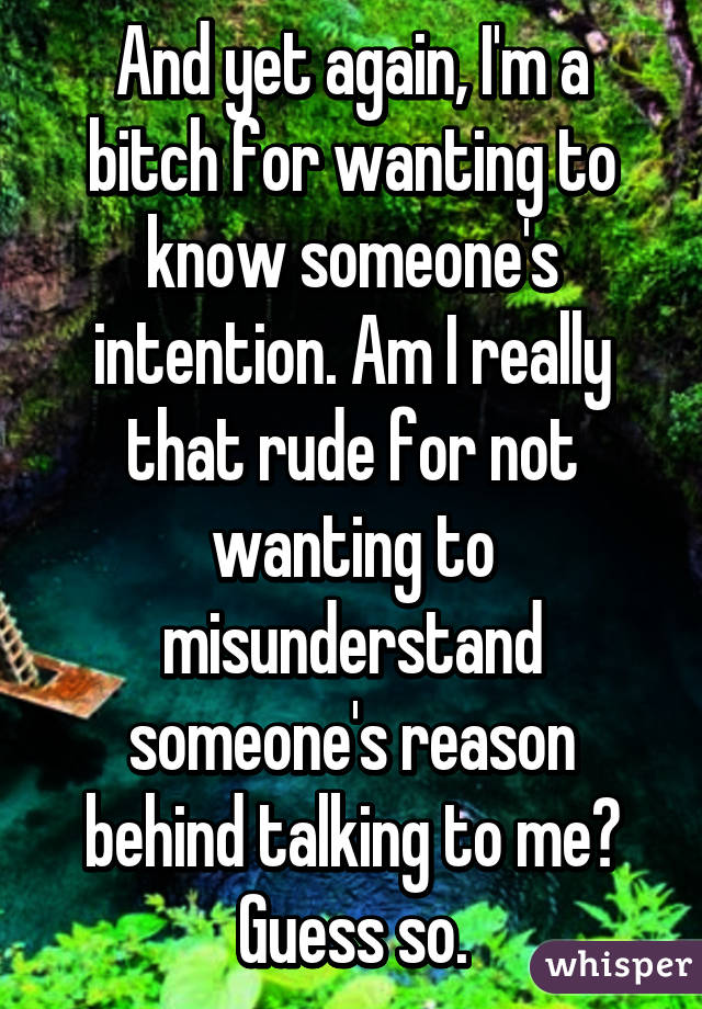 And yet again, I'm a bitch for wanting to know someone's intention. Am I really that rude for not wanting to misunderstand someone's reason behind talking to me? Guess so.