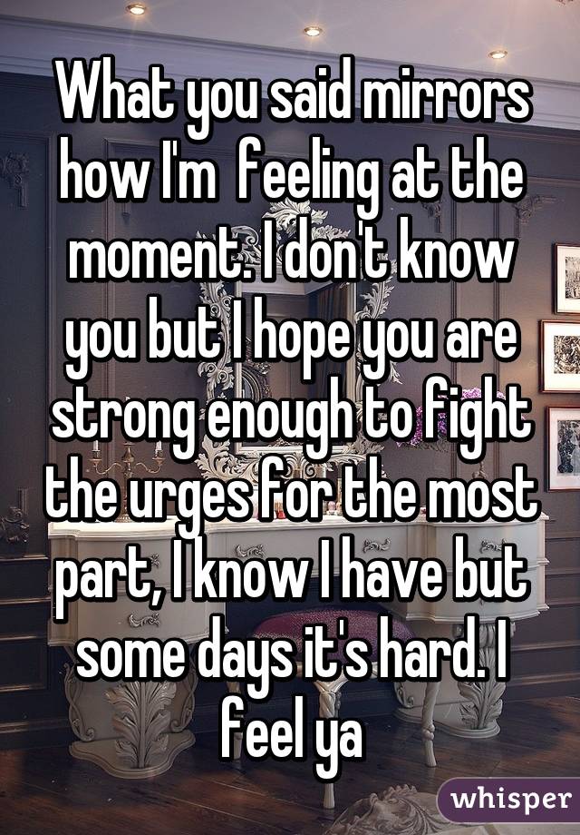 What you said mirrors how I'm  feeling at the moment. I don't know you but I hope you are strong enough to fight the urges for the most part, I know I have but some days it's hard. I feel ya