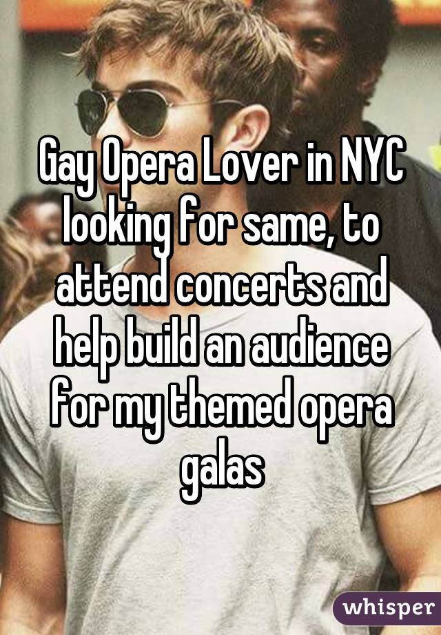 Gay Opera Lover in NYC looking for same, to attend concerts and help build an audience for my themed opera galas