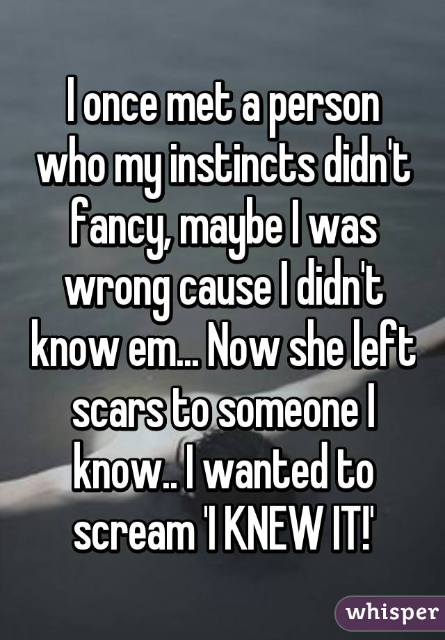 I once met a person who my instincts didn't fancy, maybe I was wrong cause I didn't know em... Now she left scars to someone I know.. I wanted to scream 'I KNEW IT!'