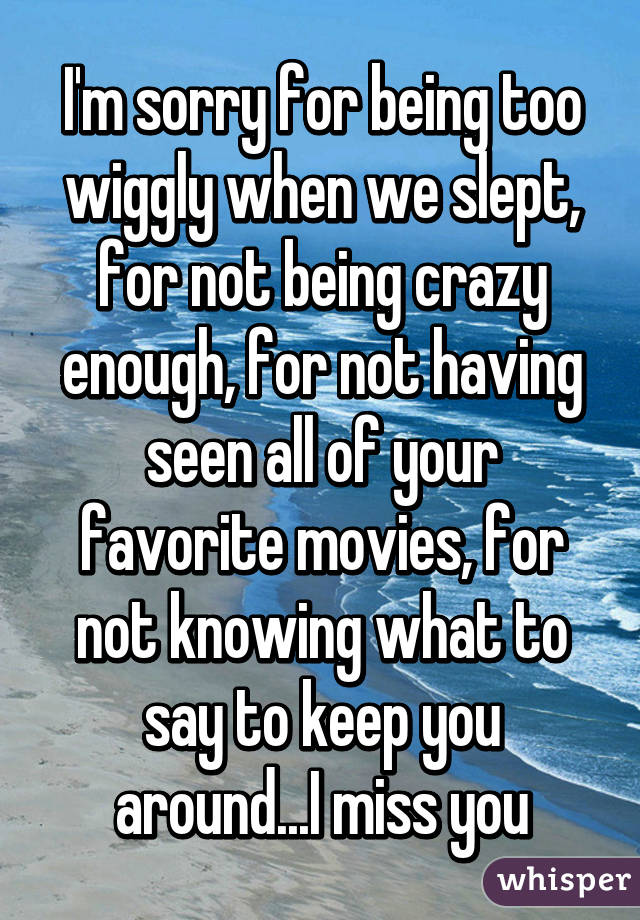 I'm sorry for being too wiggly when we slept, for not being crazy enough, for not having seen all of your favorite movies, for not knowing what to say to keep you around...I miss you