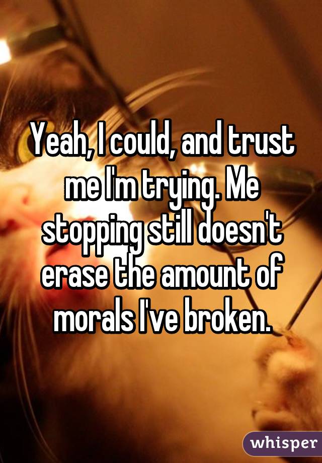 Yeah, I could, and trust me I'm trying. Me stopping still doesn't erase the amount of morals I've broken.
