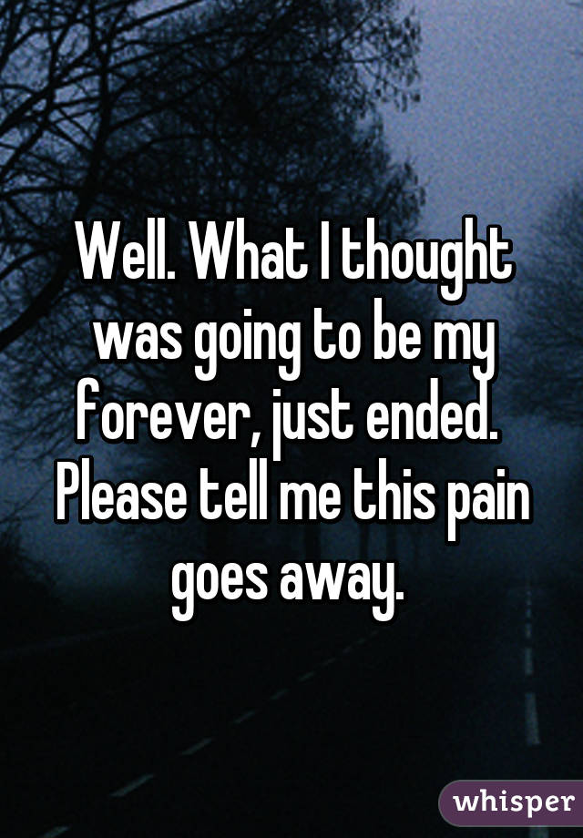 Well. What I thought was going to be my forever, just ended. 
Please tell me this pain goes away. 