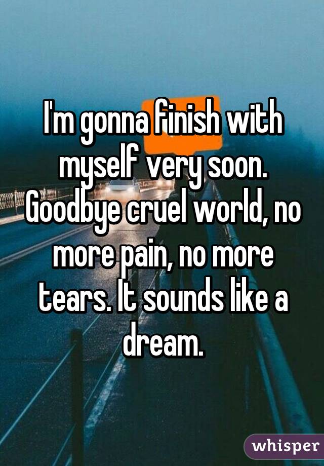 I'm gonna finish with myself very soon. Goodbye cruel world, no more pain, no more tears. It sounds like a dream.