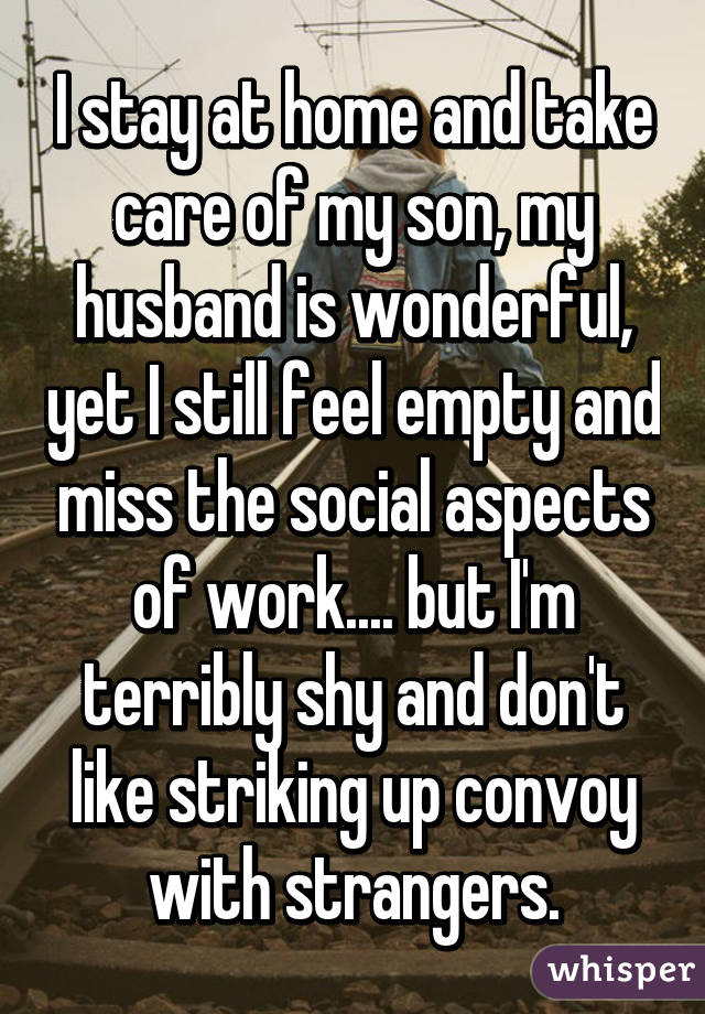 I stay at home and take care of my son, my husband is wonderful, yet I still feel empty and miss the social aspects of work.... but I'm terribly shy and don't like striking up convoy with strangers.