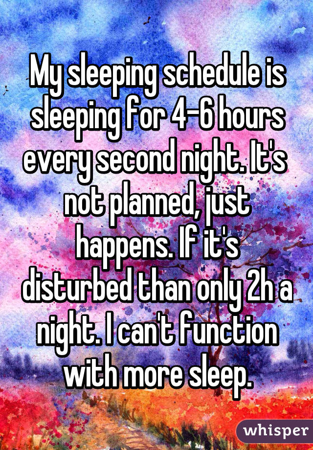 My sleeping schedule is sleeping for 4-6 hours every second night. It's 
not planned, just happens. If it's disturbed than only 2h a night. I can't function with more sleep.