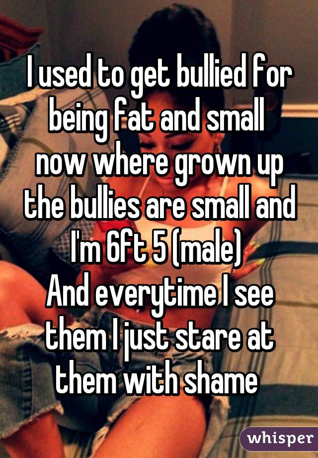 I used to get bullied for being fat and small 
now where grown up the bullies are small and I'm 6ft 5 (male) 
And everytime I see them I just stare at them with shame 