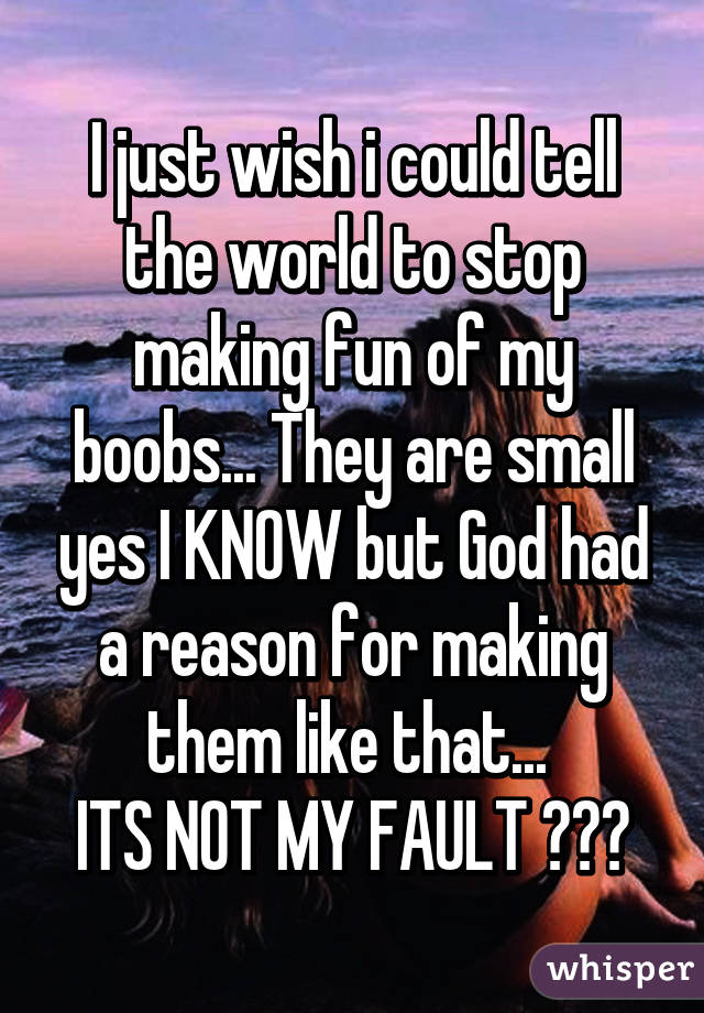 I just wish i could tell the world to stop making fun of my boobs... They are small yes I KNOW but God had a reason for making them like that... 
ITS NOT MY FAULT 😢😢😢