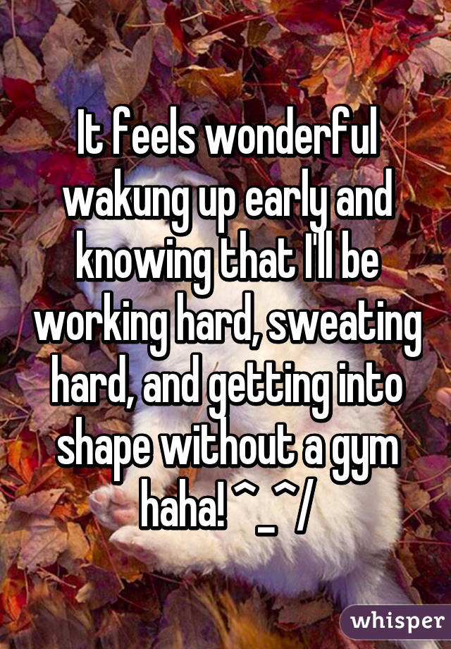 It feels wonderful wakung up early and knowing that I'll be working hard, sweating hard, and getting into shape without a gym haha! ^_^/