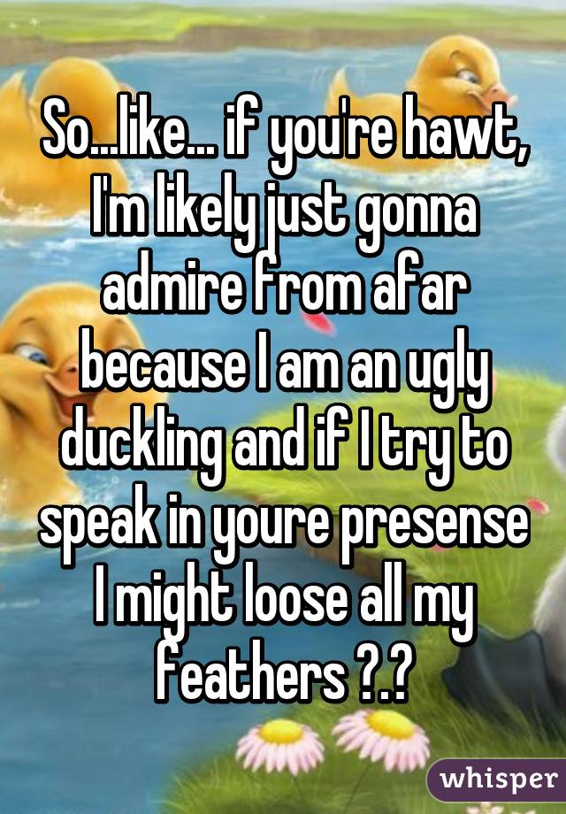 So...like... if you're hawt, I'm likely just gonna admire from afar because I am an ugly duckling and if I try to speak in youre presense I might loose all my feathers 》.《