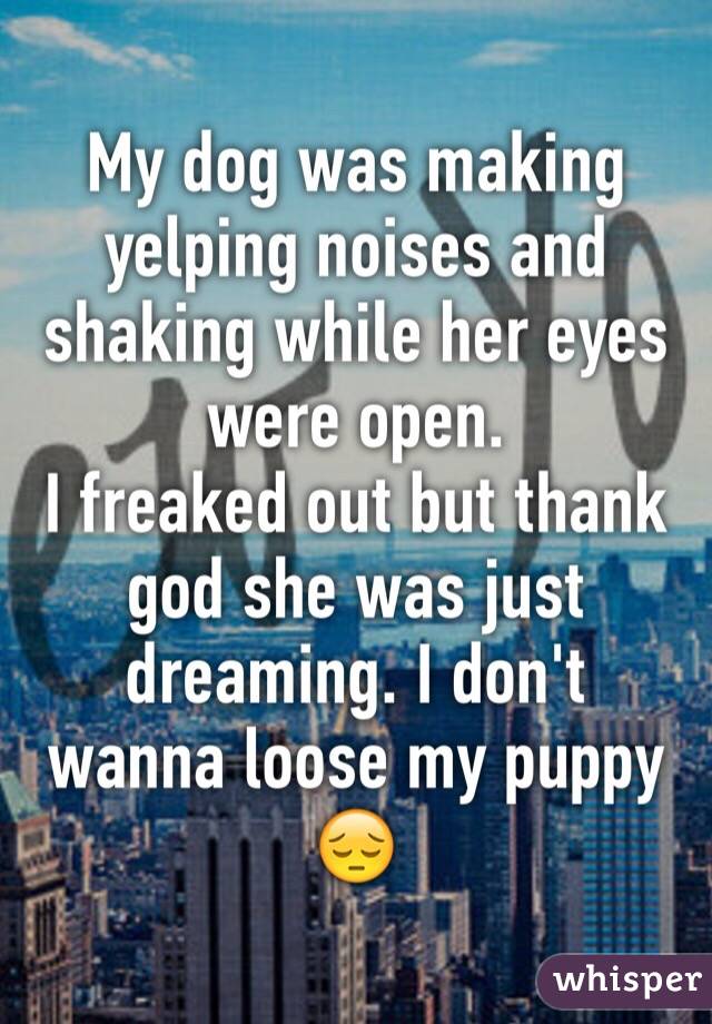 My dog was making yelping noises and shaking while her eyes were open. 
I freaked out but thank god she was just dreaming. I don't wanna loose my puppy 😔