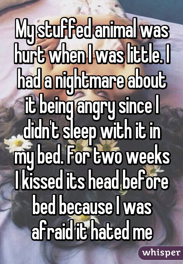 My stuffed animal was hurt when I was little. I had a nightmare about it being angry since I didn't sleep with it in my bed. For two weeks I kissed its head before bed because I was afraid it hated me