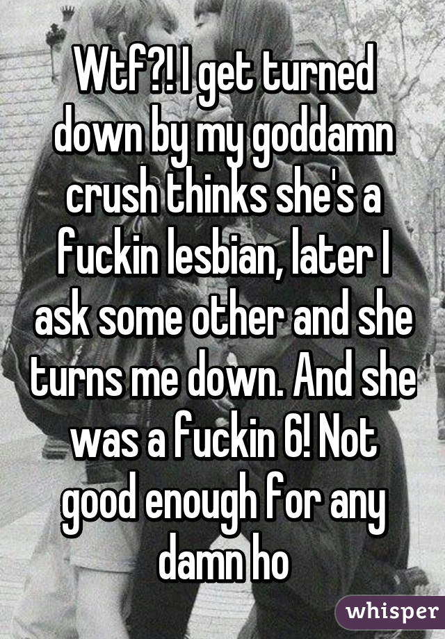 Wtf?! I get turned down by my goddamn crush thinks she's a fuckin lesbian, later I ask some other and she turns me down. And she was a fuckin 6! Not good enough for any damn ho