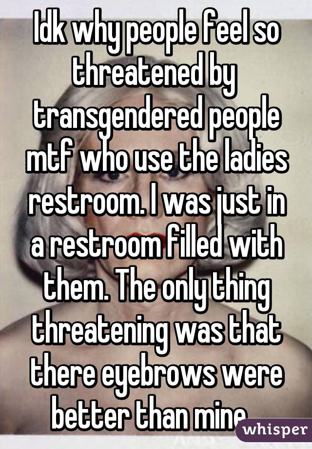 Idk why people feel so threatened by  transgendered people mtf who use the ladies restroom. I was just in a restroom filled with them. The only thing threatening was that there eyebrows were better than mine...