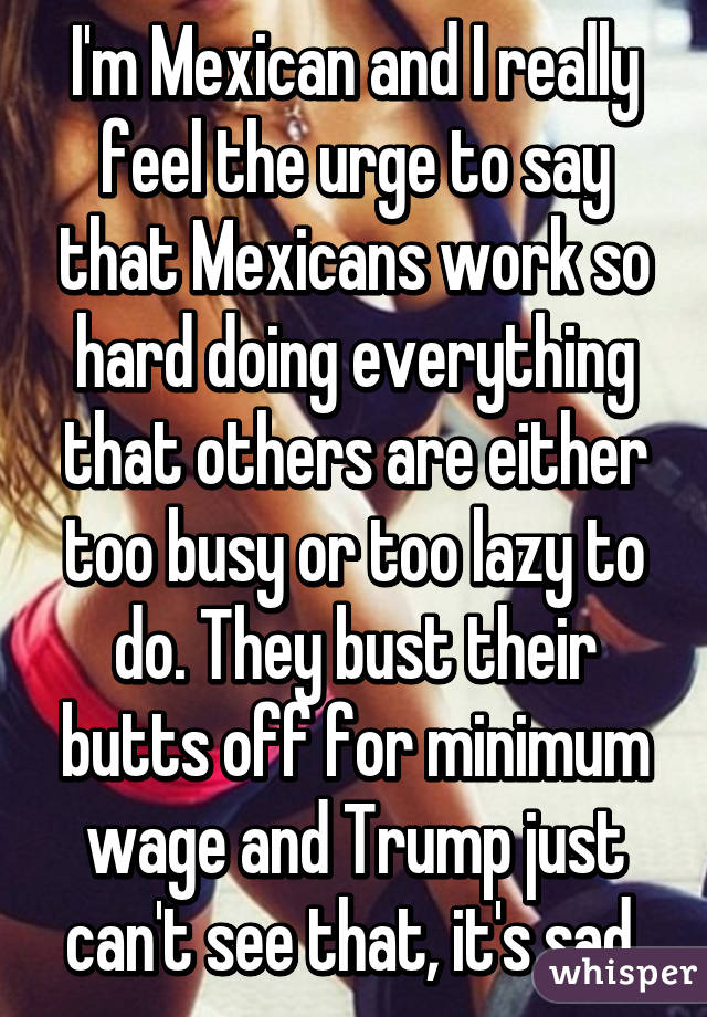 I'm Mexican and I really feel the urge to say that Mexicans work so hard doing everything that others are either too busy or too lazy to do. They bust their butts off for minimum wage and Trump just can't see that, it's sad.