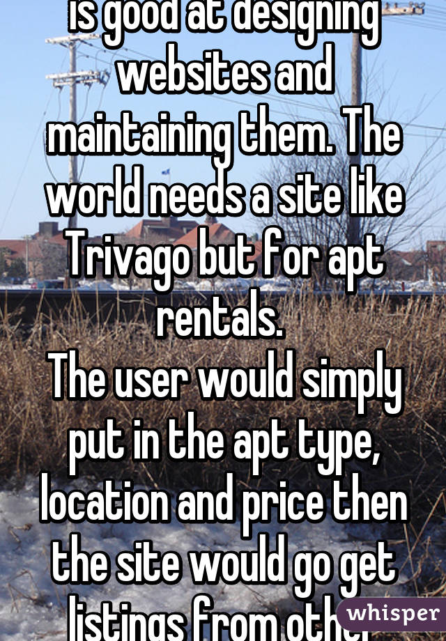 This is for anyone who is good at designing websites and maintaining them. The world needs a site like Trivago but for apt rentals. 
The user would simply put in the apt type, location and price then the site would go get listings from other sites.