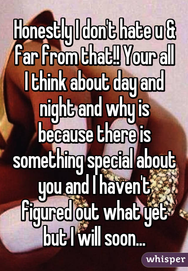 Honestly I don't hate u & far from that!! Your all I think about day and night and why is because there is something special about you and I haven't figured out what yet but I will soon...