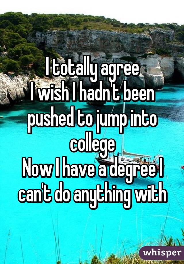 I totally agree
I wish I hadn't been pushed to jump into college
Now I have a degree I can't do anything with