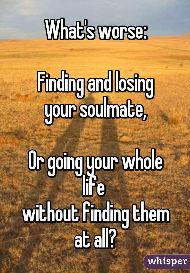 What's worse:

Finding and losing
your soulmate,

Or going your whole life 
without finding them
at all?