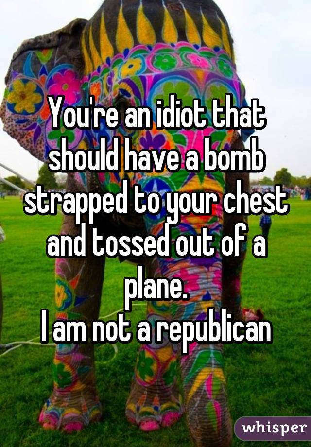 You're an idiot that should have a bomb strapped to your chest and tossed out of a plane.
I am not a republican