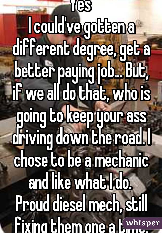 Yes 
I could've gotten a different degree, get a better paying job... But, if we all do that, who is going to keep your ass driving down the road. I chose to be a mechanic and like what I do. 
Proud diesel mech, still fixing them one a time.