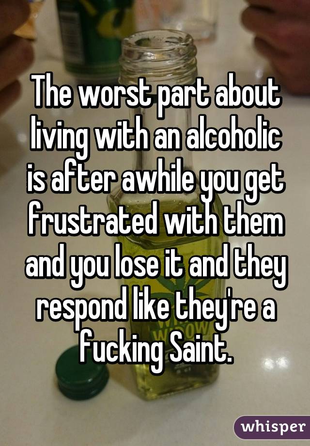 The worst part about living with an alcoholic is after awhile you get frustrated with them and you lose it and they respond like they're a fucking Saint.