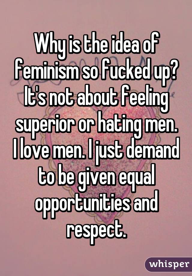 Why is the idea of feminism so fucked up? It's not about feeling superior or hating men. I love men. I just demand to be given equal opportunities and respect.