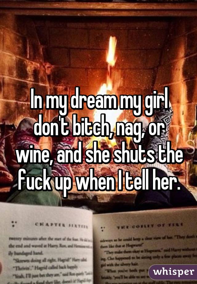 In my dream my girl don't bitch, nag, or wine, and she shuts the fuck up when I tell her.